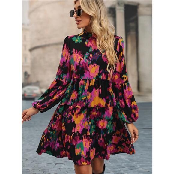 Printed Balloon Sleeve Mini Dress - Picture 1 of 15